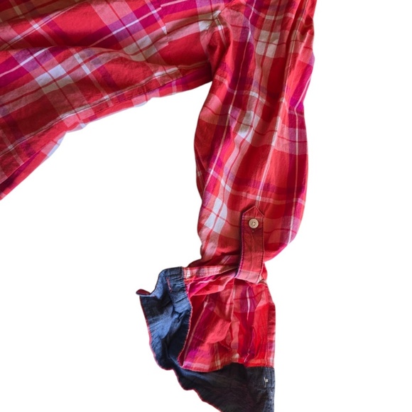 Tommy Hilfiger Shirt Womens Large Orange Magenta Button Up Plaid Western - Picture 2 of 5